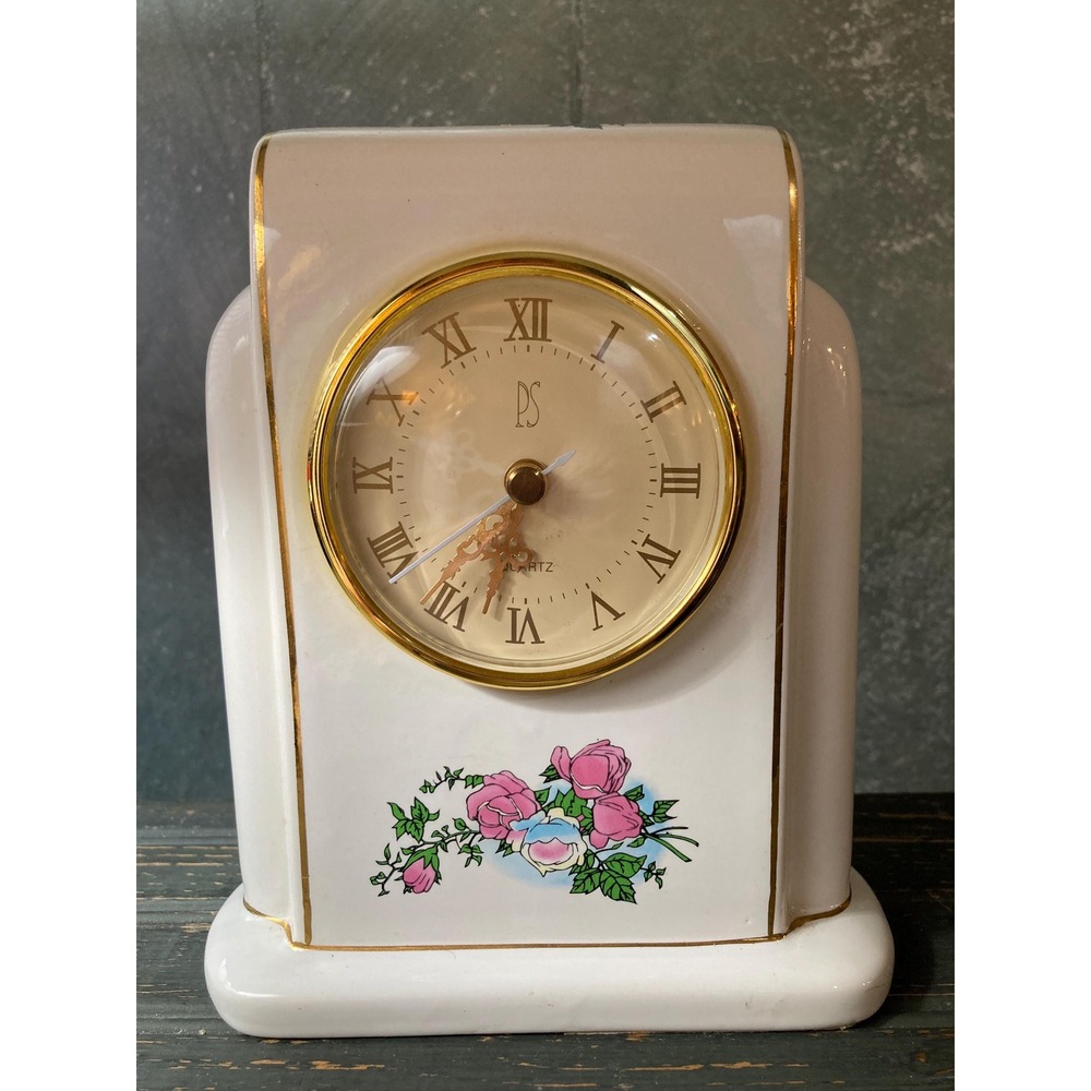 Ceramic Mantel Clock cream with Rose design art deco style
